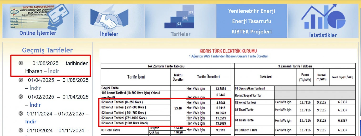 Resmî Kib-Tek tarife tablosu