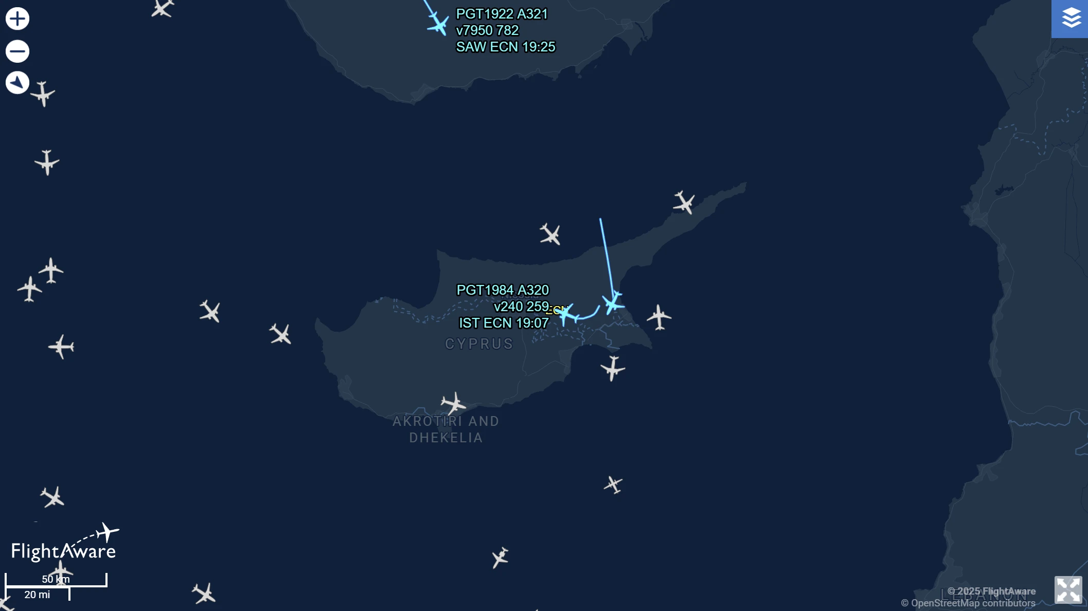 Πίνακας αναχωρήσεων/αφίξεων αεροδρομίου Ερτζάν στο FlightAware